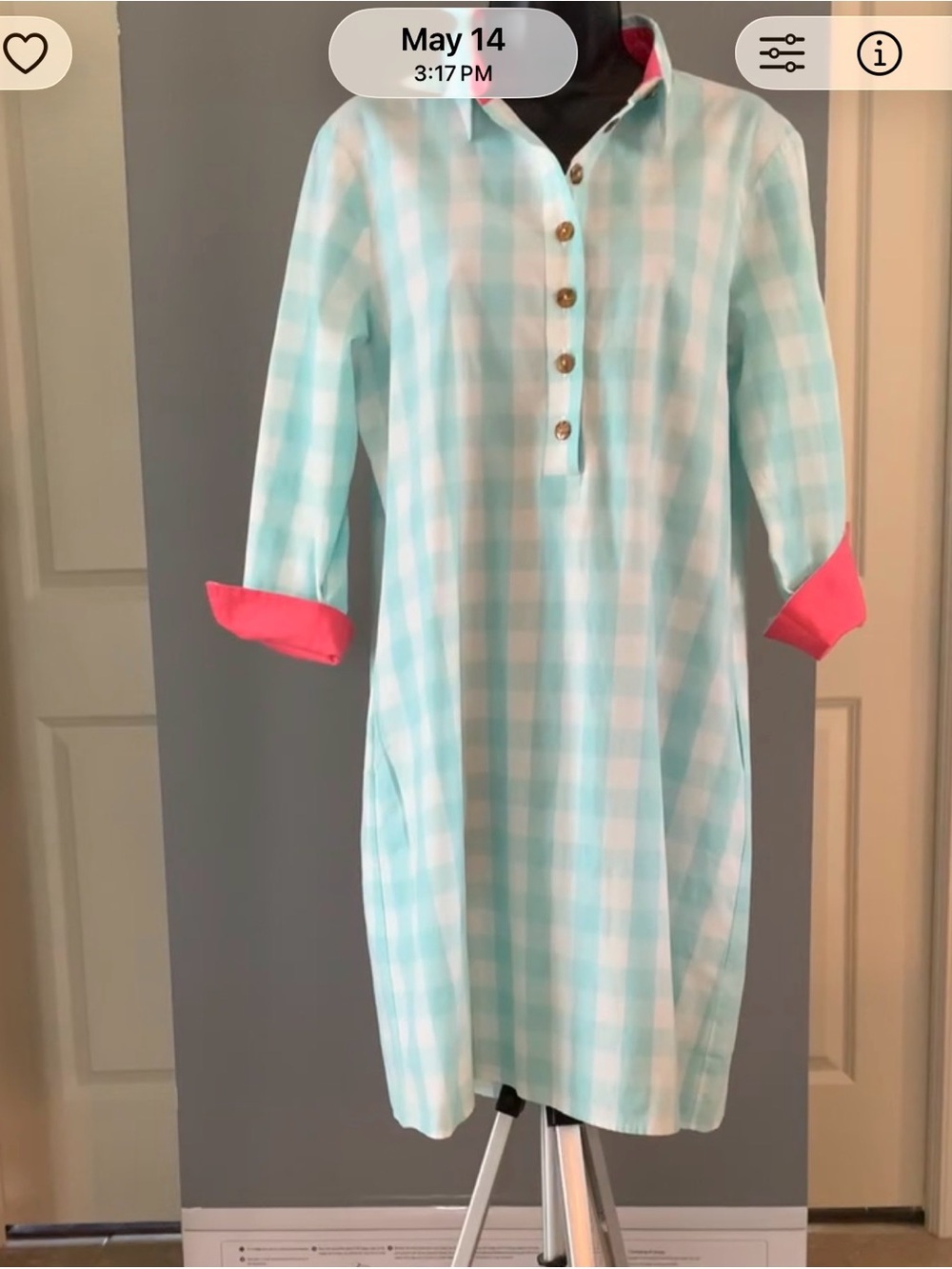 Light Aqua Gingham Popover Dress with Pink Cuff Detail